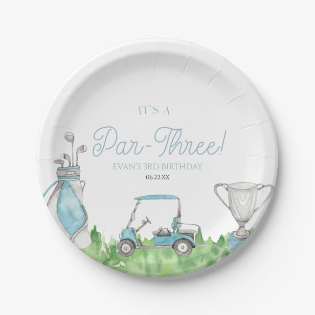 It's A Par-Three Blue Golf 3rd Birthday Party Paper Plate (Front)