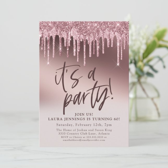  It's a Party Pink Glitter 60th Birthday Invitation (Standing Front)