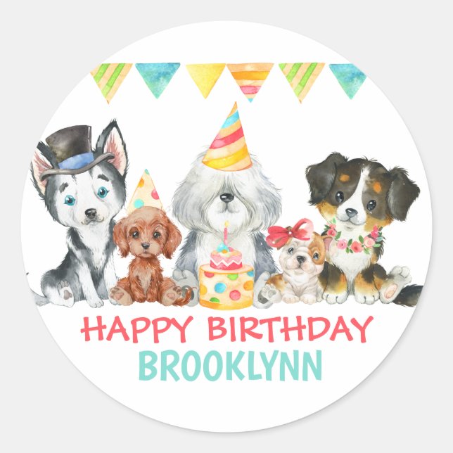It's a Pawty Puppy Party Happy Birthday Classic Round Sticker (Front)