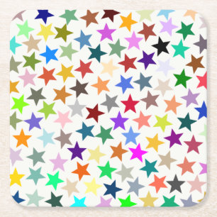 It's a Rainbow Party, Multi-Coloured Stars Pattern Square Paper Coaster