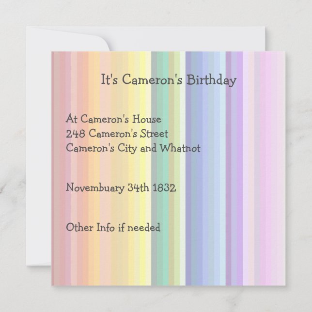 It's a Rainbow Party, Multi-Coloured Stripe Patter Invitation (Back)