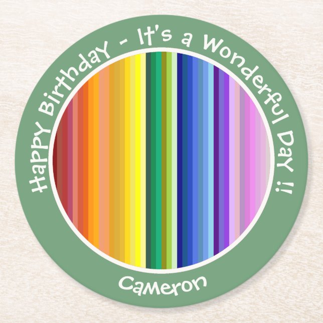 It's a Rainbow Party, Multi-Coloured Stripe Patter Round Paper Coaster (Front)