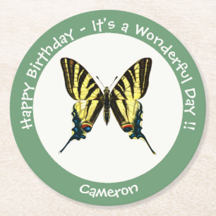 It's a Scarce Swallowtail Butterfly Birthday Party Round Paper Coaster