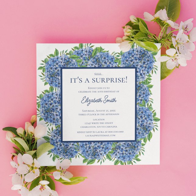It's a Surprise 30th Birthday Party Blue Hydrangea Invitation (Front)