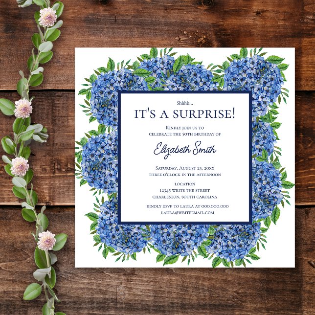 It's a Surprise 50th Birthday Party Blue Hydrangea Invitation (Front)