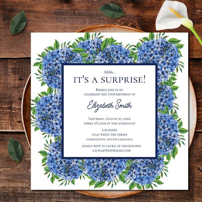 It's a Surprise 75th Birthday Party Blue Hydrangea Invitation (Front)