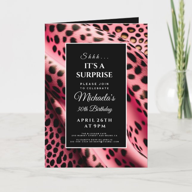 It's a surprise, pink leopard print, secret party  invitation (Front)