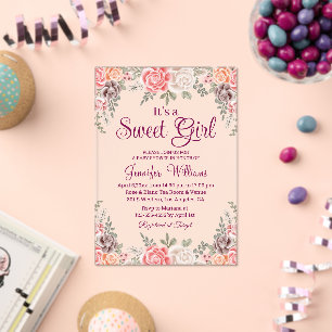 its a sweet girl baby shower boho floral red acrylic invitations