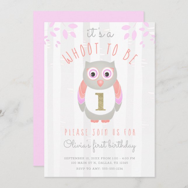 It's a Whoot to be One Woodland Owl 1st Birthday Invitation (Front/Back)