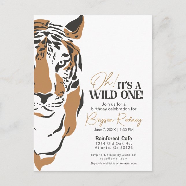 Its a wild one jungle tiger first birthday invite postcard (Front)