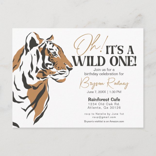 Its a wild one jungle tiger first birthday invite postcard (Front)