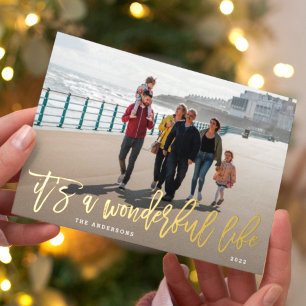 it's a wonderful life black and gold shadow script foil holiday card
