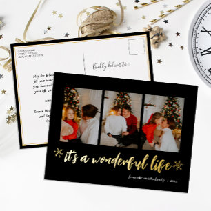 It's A Wonderful Life Black Gold Christmas Photo Foil Holiday Postcard