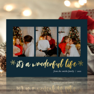 It's A Wonderful Life Blue Gold Christmas Photo Foil Holiday Card