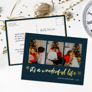 It's A Wonderful Life Blue Gold Christmas Photo Foil Holiday Postcard