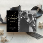 It's A Wonderful Life Elegant Christmas Photo Gold Foil Holiday Card<br><div class="desc">This festive and elegant design features retro typography and a chic black background. The greeting says "It's a wonderful life" in raised foil. The backer features a delicate star pattern (and is removable if desired). This design will accommodate a square photo in black & white or colour. The background colours,...</div>