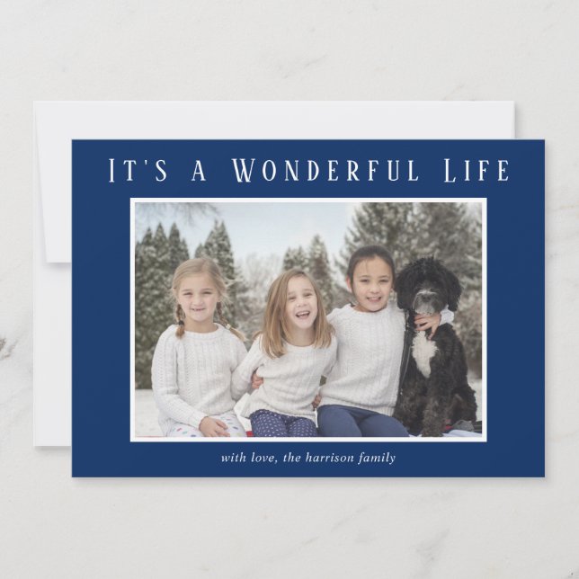It's a Wonderful Life Navy Blue Minimalist Photo Holiday Card (Front)