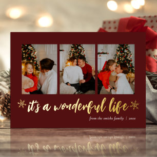 It's A Wonderful Life Red Gold Christmas Photo Foil Holiday Card