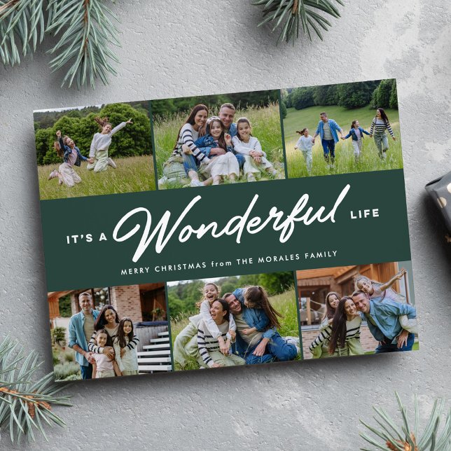 It's a wonderful life six photo green Christmas Holiday Card (Creator Uploaded)
