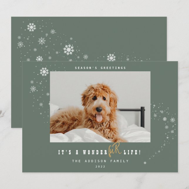 It's A WonderFUR Life Pet Photo Sage Christmas  Holiday Card (Front/Back)