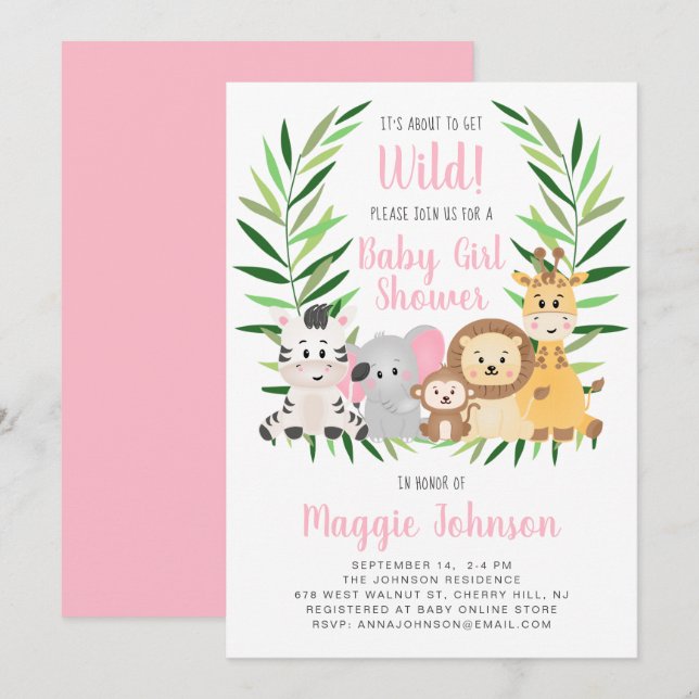 It's About to Get Wild Safari Baby Girl Safari Invitation (Front/Back)