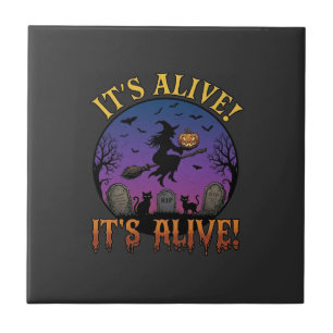 Its Alive Halloween Witch Pumpkin Black Cat Tombst Tile
