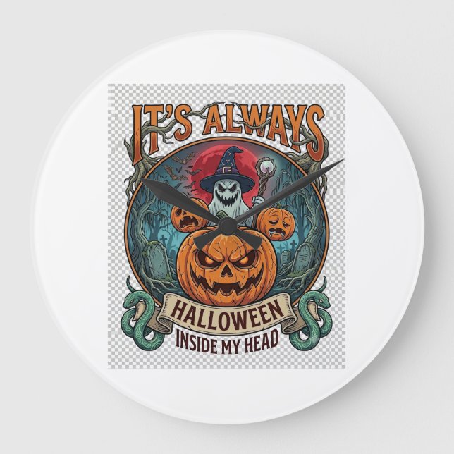 Its Always Halloween Inside Head Pumpkin Ghost Sna Large Clock (Front)