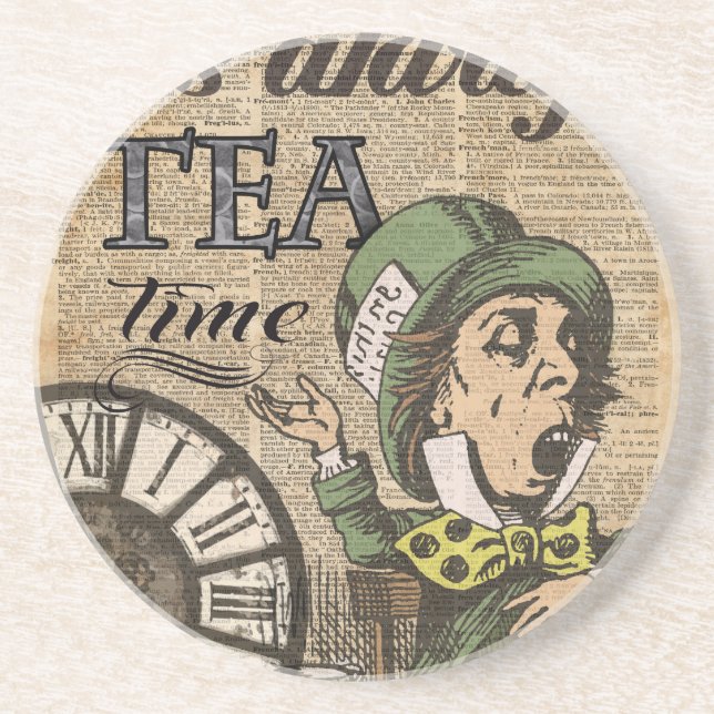 "It's always tea time" Mad Hatter Dictionary Art Coaster (Front)