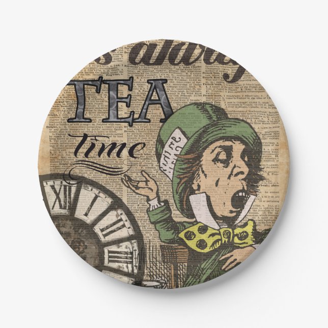 "It's always tea time" Mad Hatter Dictionary Art Paper Plate (Front)