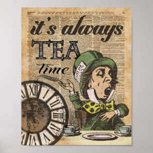 "It's always tea time" Mad Hatter Dictionary Art Poster