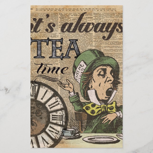 "It's always tea time" Mad Hatter Dictionary Art Stationery (Front)