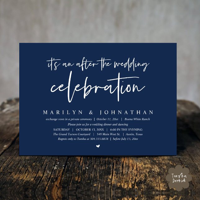 It's an after the wedding celebration, dinner invitation (It's an after the wedding party, Modern Romantic Dinner Celebration Invitation Card PDF Navy Blue)