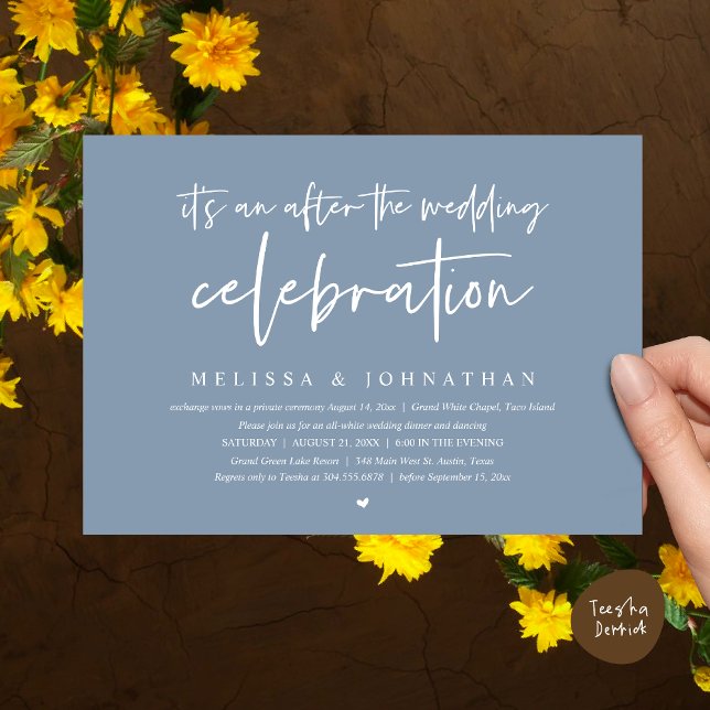 It's an after the wedding celebration, dinner invitation (Happily Ever After Party, After the wedding celebration Romantic Dinner Invites Card PDF Dusty Blue)