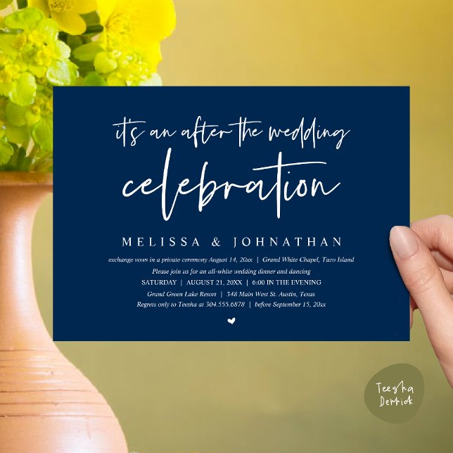 It's an after the wedding celebration, dinner invitation (Happily Ever After Party, After the wedding celebration Romantic Dinner Invites Card PDF Navy Blue)