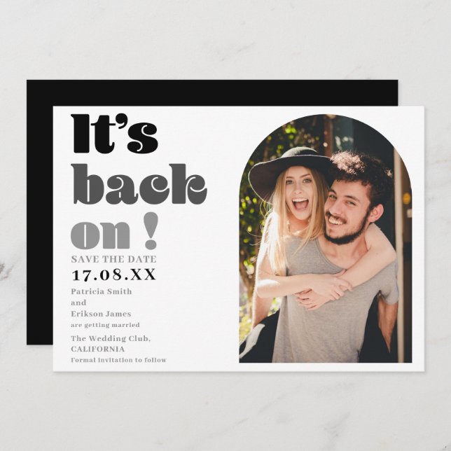 It's back on black script photo save the date (Front/Back)