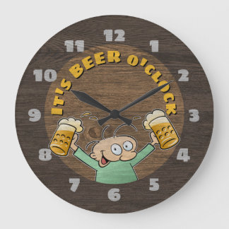 It's Beer O'Clock Dark Wood Texture Cartoon Pints Large Clock