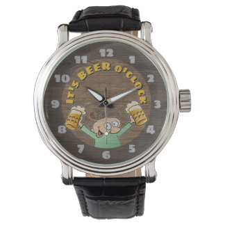 It's Beer O'Clock Dark Wood Texture Cartoon Pints Watch