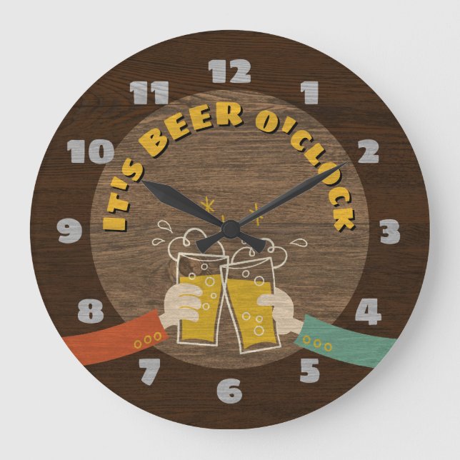 It's Beer O'Clock Dark Wood Texture Retro Cartoon Large Clock (Front)