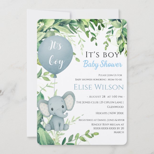 It's boy! Cute little elephant  baby with balloon Invitation (Front)