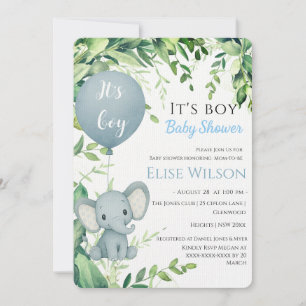 It's boy! Cute little elephant  baby with balloon Invitation