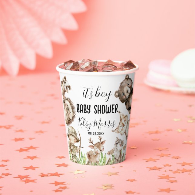 its boy Rustic Woodland Baby Shower Invite Paper Cups (Insitu)