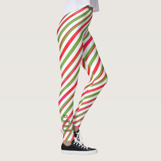 "It's Candy Cane Season" Green and Red Stripes Leggings (Right)