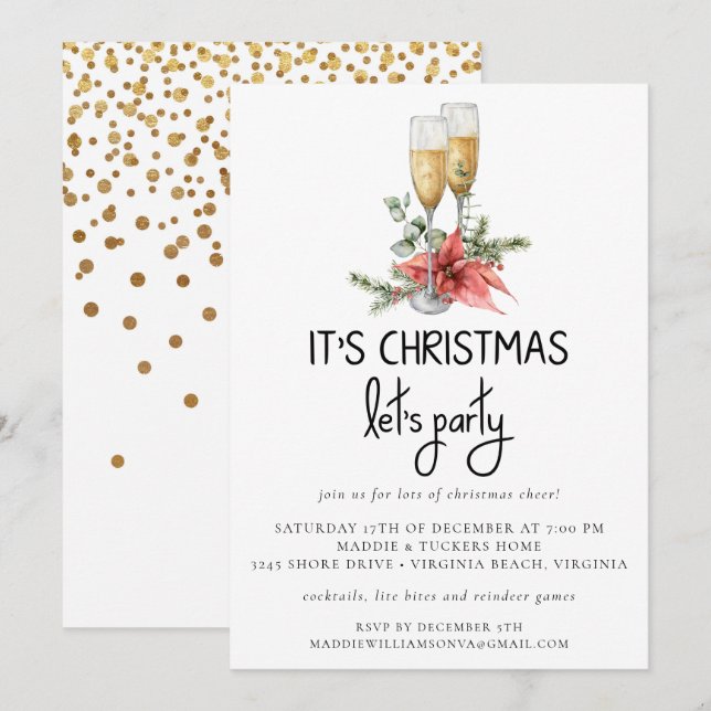 It's Christmas Let's Party Champagne and Greenery  Invitation (Front/Back)