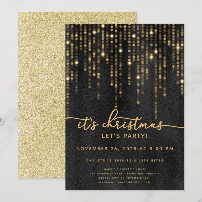 It's Christmas Let's Party Gold Lights Christmas  Invitation (Front/Back)