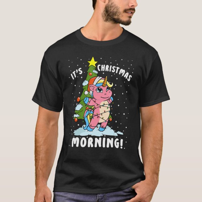 It's Christmas Morning Girls Unicorn Christmas Tre T-Shirt (Front)