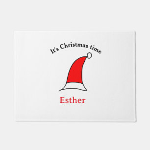 It's Christmas time Santa red hat name simple fun Doormat