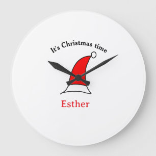 It's Christmas time Santa red hat name simple fun Large Clock
