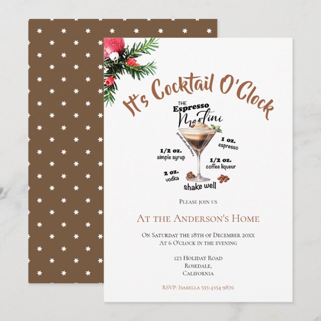 It's Cocktail O'Clock Christmas Party Brown Drink Invitation (Front/Back)