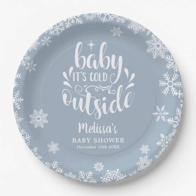 It's Cold Outside Blue Boy Winter Baby Shower Paper Plate (Front)