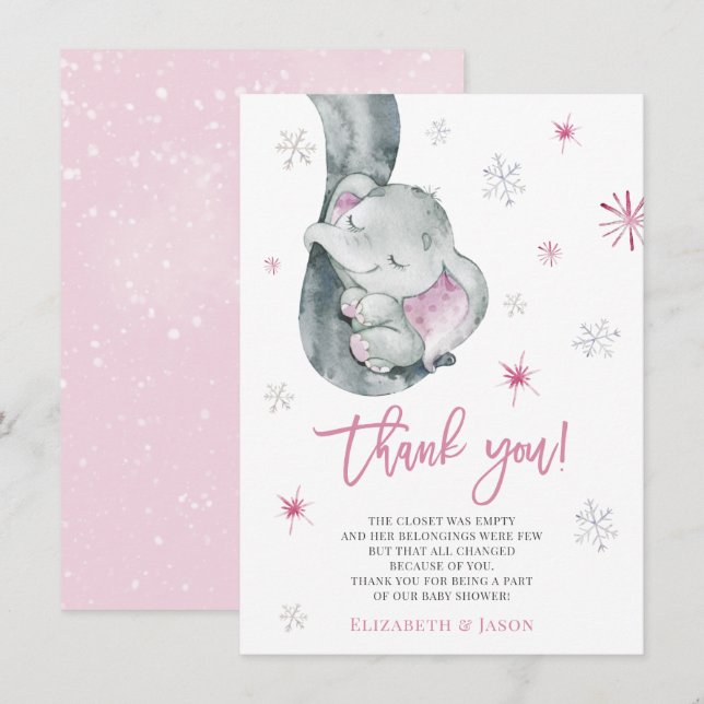 It's Cold Outside Elephant Winter Girl Baby Shower Thank You Card (Front/Back)